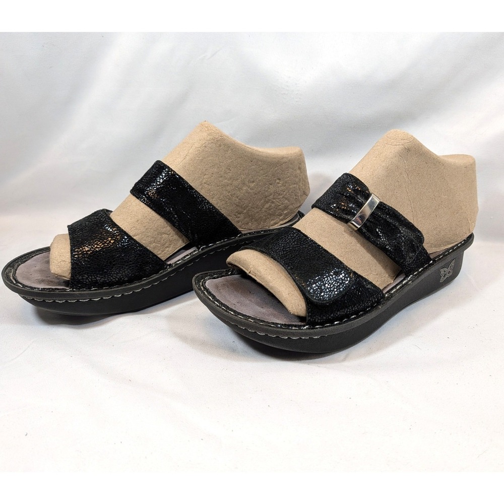 Alegria Black Slide Sandals; Metallic Textured Leather, Dual Strap